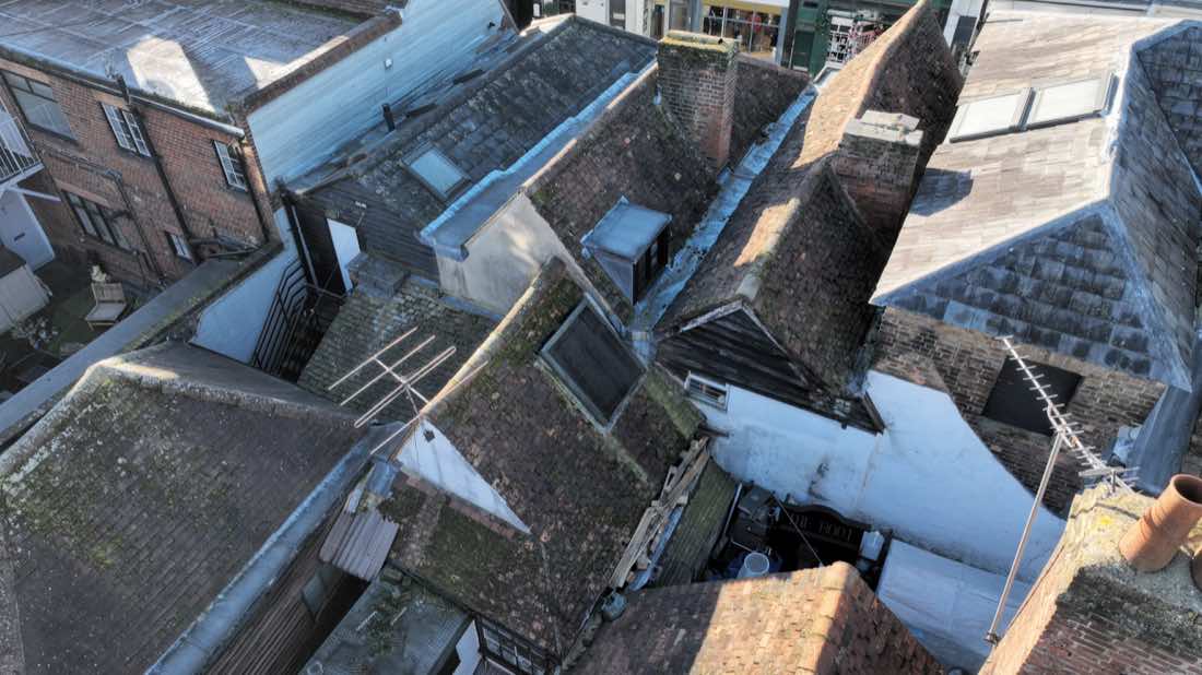 Aerial view of a complex St Albans roof
