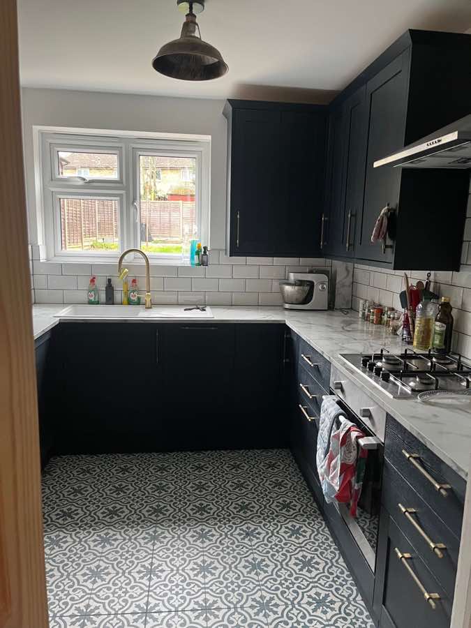 Completed dark shaker kitchen